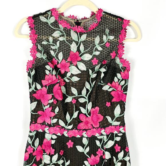 Marchesa Black Pink Floral Column Dress Embroidered Back Zip Sleeveless Sz 0 - Picture 6 of 12